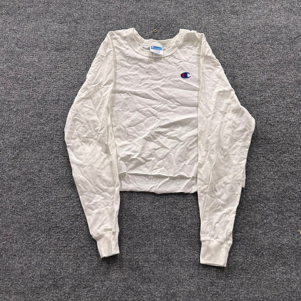 Champion Shirt Womens XL White Cropped Raw Hem Long Sleeve Cotton Athletic Logo